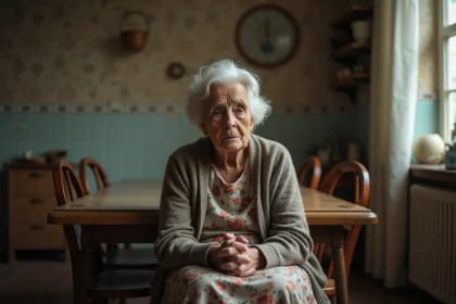 Femme âgée assise à la cuisine contemplative