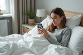 Femme consultant une application de calcul de durée de sommeil sur son smartphone au lit