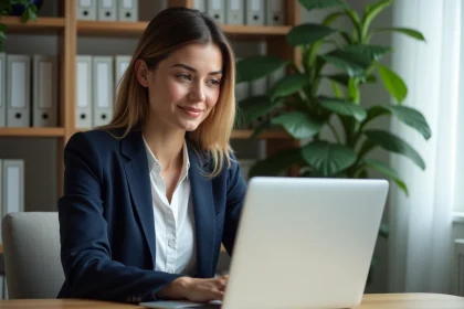 Femme concentrée travaillant sur son ordinateur dans un bureau moderne