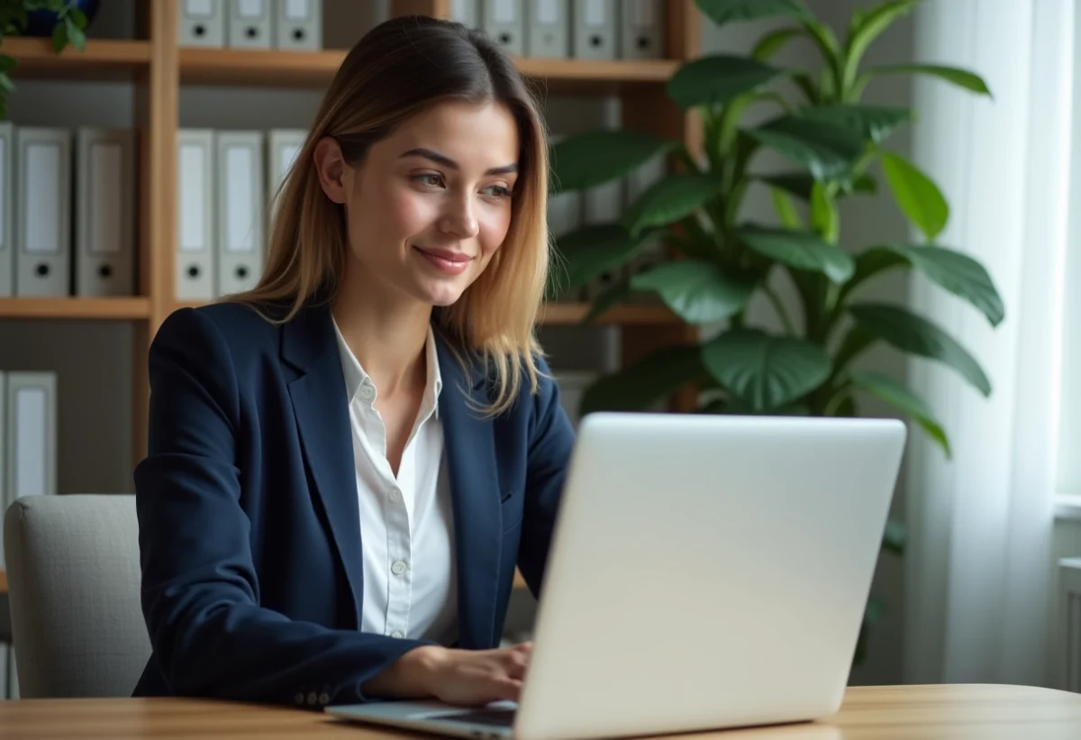 Femme concentrée travaillant sur son ordinateur dans un bureau moderne