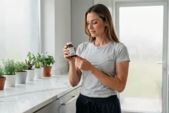 Femme tenant une bouteille de complément alimentaire dans une cuisine moderne, illustrant l'engouement pour Lumilean en 2026