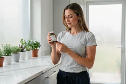 Femme tenant une bouteille de complément alimentaire dans une cuisine moderne, illustrant l'engouement pour Lumilean en 2026