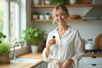 Femme tenant une bouteille de complément naturel minceur dans une cuisine moderne avec herbes fraîches