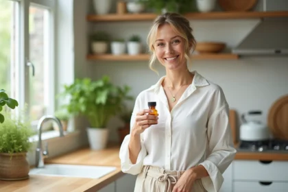 Femme tenant une bouteille de complément naturel minceur dans une cuisine moderne avec herbes fraîches