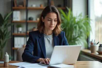 Femme consultant des documents d'assurance santé Groupama Sévéane sur son bureau à domicile