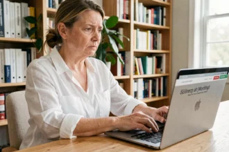 Femme d'âge moyen consultant un blog santé sur son ordinateur portable dans un bureau à domicile, expression interrogative