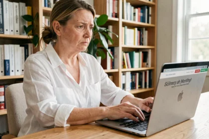 Femme d'âge moyen consultant un blog santé sur son ordinateur portable dans un bureau à domicile, expression interrogative