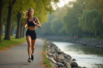 Femme sportive courant dans un parc urbain au matin