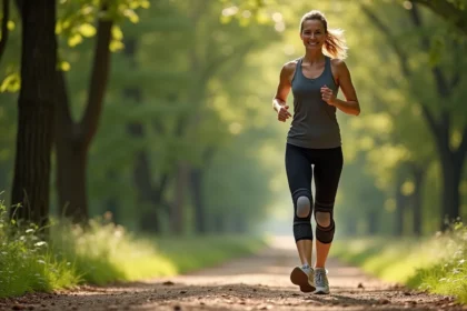 Femme sportive en plein air avec genouillère lors d'une course
