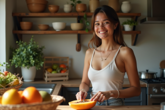 Femme souriante coupant une papaye dans la cuisine lumineuse