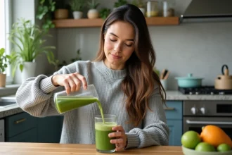 Femme versant une boisson detox dans un verre dans une cuisine moderne