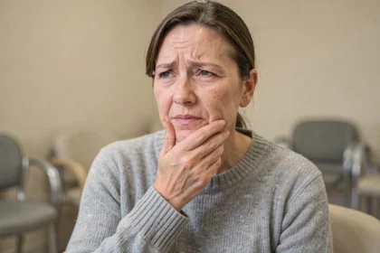 Femme d'âge moyen tenant sa mâchoire avec une expression de douleur dentaire dans une salle d'attente de cabinet dentaire