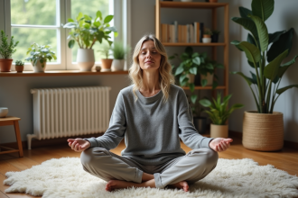 Femme détendue assise sur un tapis dans un salon moderne