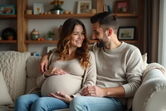 Femme enceinte avec son partenaire dans un salon chaleureux