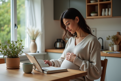 Femme enceinte lisant un guide de grossesse dans la cuisine