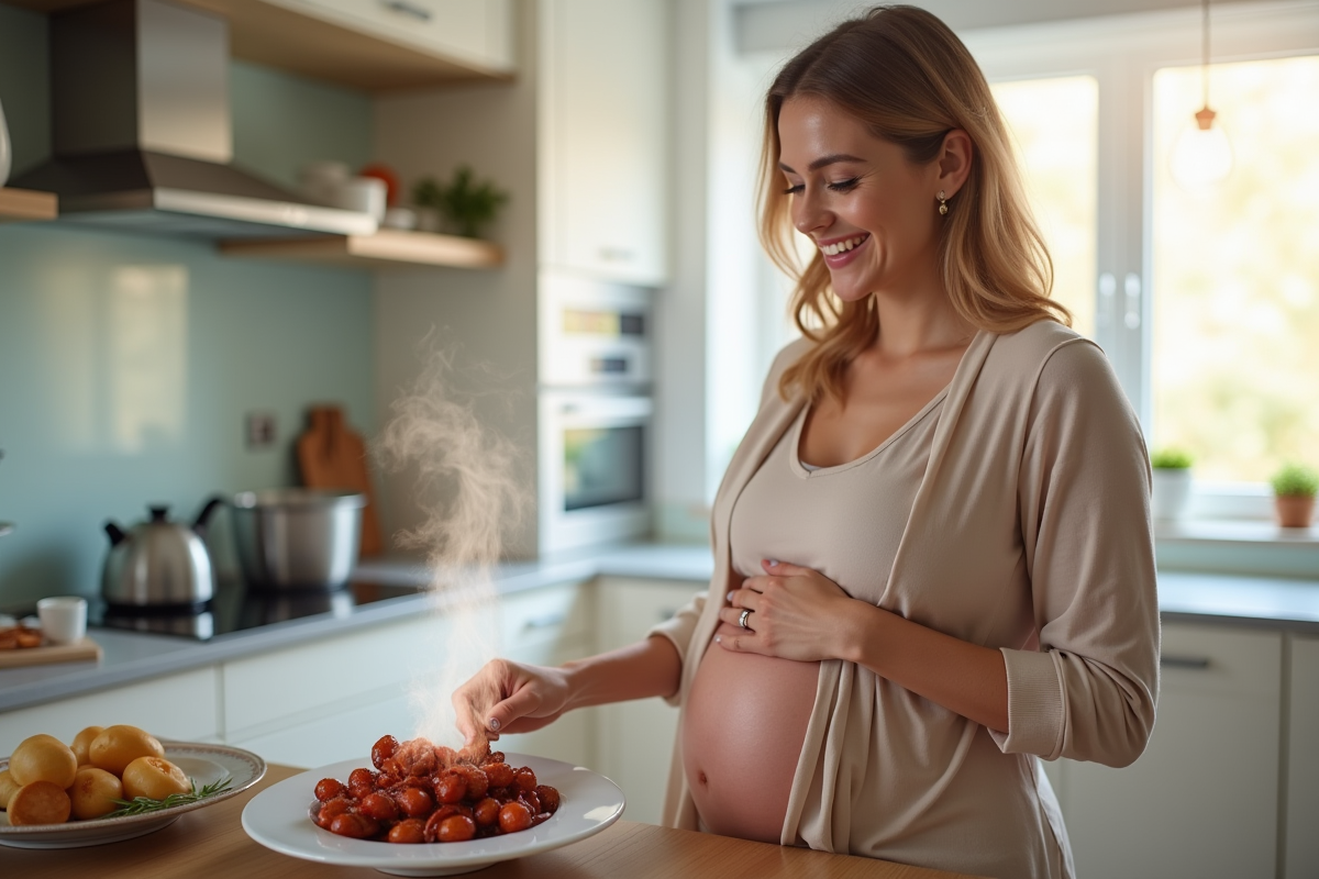 Femme enceinte dans une cuisine lumineuse servant du chorizo