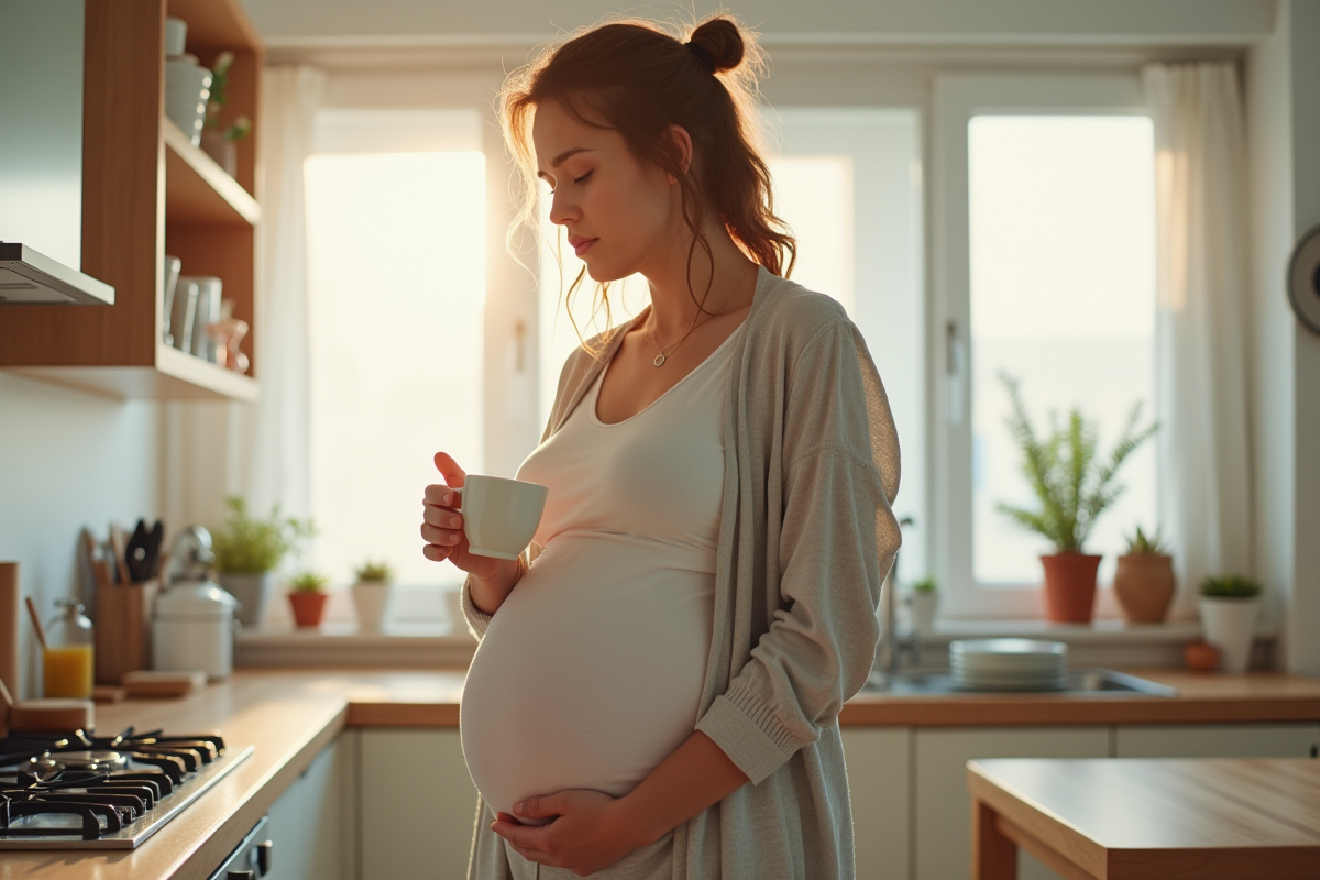 Femme enceinte marchant dans la cuisine lumineuse