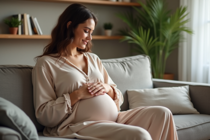 Femme enceinte souriante dans un intérieur chaleureux