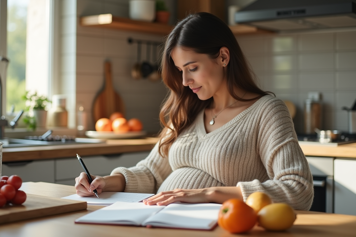 Femme enceinte écrivant dans un journal à la cuisine