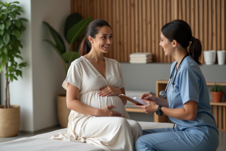 Femme enceinte en cabinet de bien-être avec thérapeute
