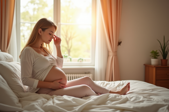 Femme enceinte assise au lit dans une chambre lumineuse