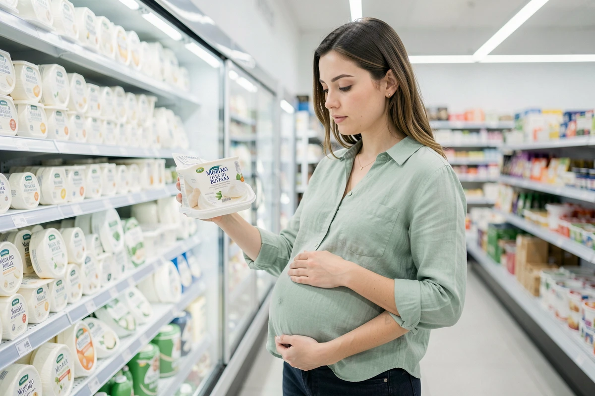 Femme enceinte lisant l'étiquette d'une mozzarella di bufala en rayon réfrigéré de supermarché pour vérifier sa sécurité alimentaire