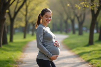 Femme enceinte marchant dans un parc au printemps