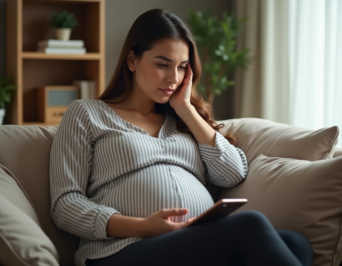 Femme enceinte lisant des informations sur la dilatation du col sur son smartphone à la maison avec une expression interrogative