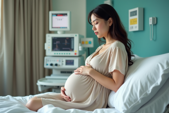Femme enceinte assise sur un lit d'hôpital dans une salle de naissance