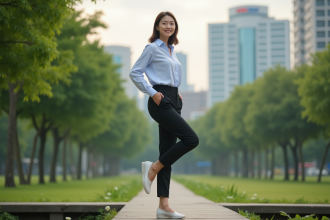 Jeune femme en équilibre dans un parc urbain calme