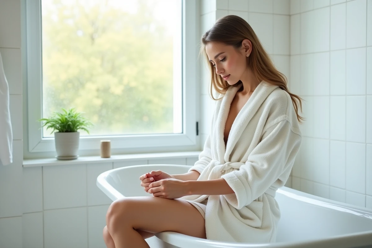 Femme en peignoir examinant calmement une zone sensible bikini pour détecter un poil incarné, salle de bain naturelle