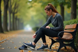 Femme assise sur un banc de parc qui examine le dessus de son pied après une marche sportive, expression préoccupée