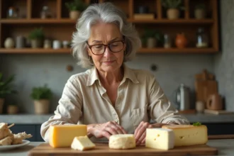 Femme mature examinant une sélection de fromages artisanaux adaptés aux diabétiques sur une planche en bois dans une cuisine rustique