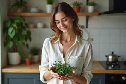 Femme tenant des herbes fraîches dans une cuisine chaleureuse