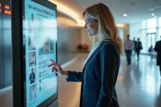 Femme d affaires française consulte un kiosque d information santé