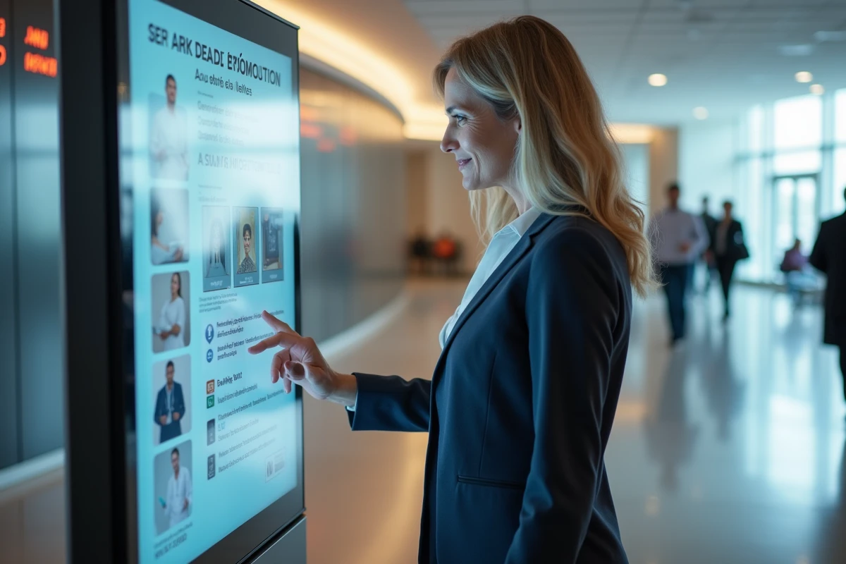 Femme d affaires française consulte un kiosque d information santé