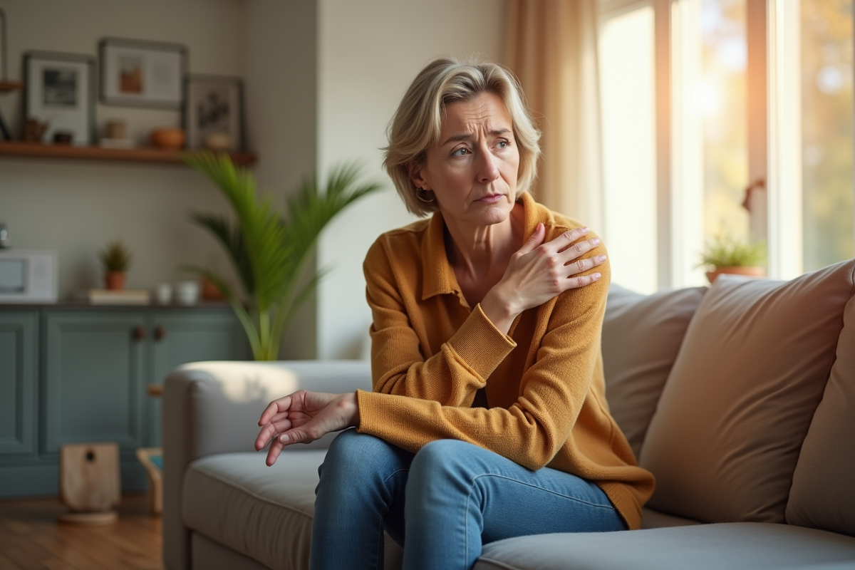 Femme préoccupée regardant sa main dans un salon lumineux