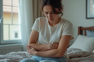 Femme inquiète examinant une petite enflure sur son bras