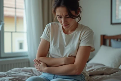 Femme inquiète examinant une petite enflure sur son bras