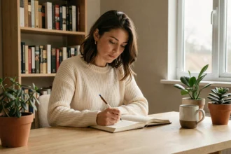 Femme écrivant dans un journal intime pour mieux se connaître, ambiance cosy et introspective