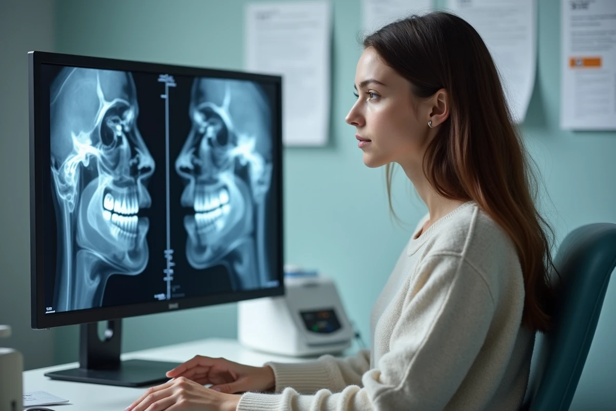Jeune femme regardant une image médicale sur un écran