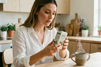 Femme lisant attentivement les effets secondaires sur l'emballage d'un thé détox lulutox dans une cuisine moderne