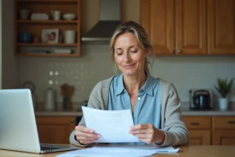 Femme lisant une lettre à la maison dans la cuisine