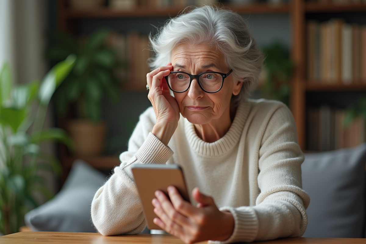 Femme de 60 ans examinant ses rides autour des yeux