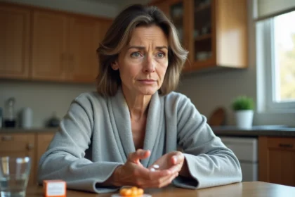 Femme d'une quarantaine d'années tenant un comprimé de Levothyrox dans la main avec une expression préoccupée, assise à une table de cuisine