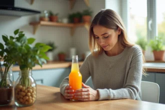 Femme lisant une étiquette de boisson colorée dans la cuisine