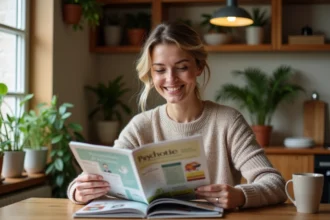 Femme souriante lisant Psychologie Positive à la maison