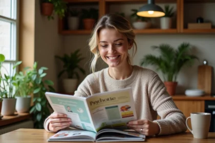 Femme souriante lisant Psychologie Positive à la maison
