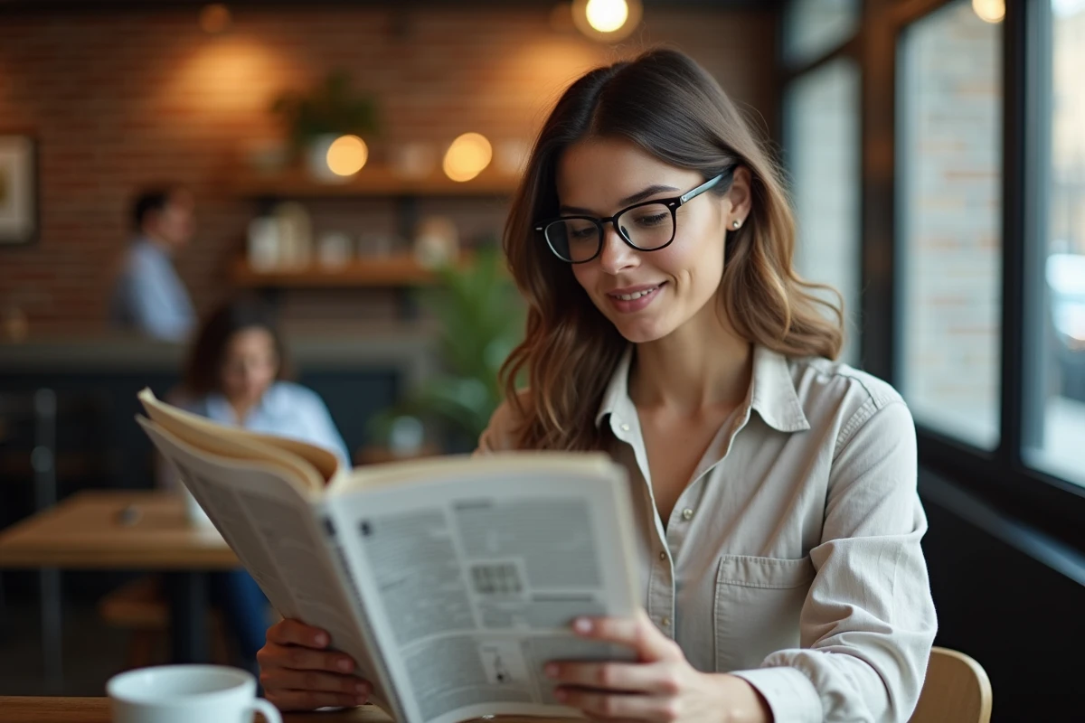 Femme portant des lunettes à verres ZEISS en train de lire dans un café urbain