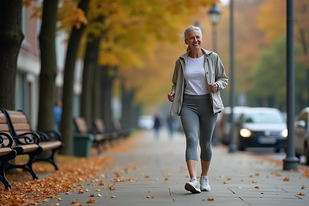 Femme marchant sur un trottoir en automne